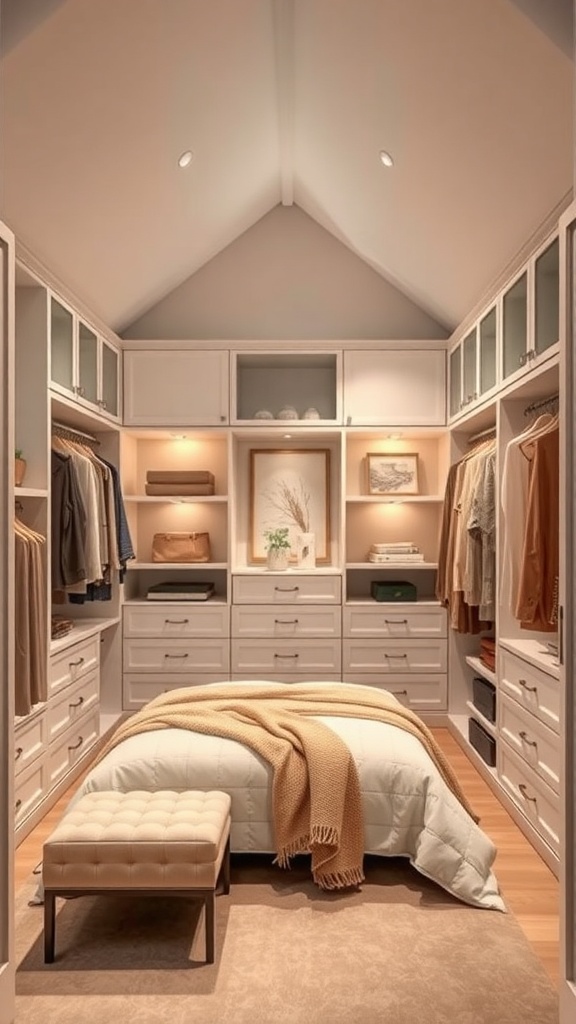 Custom closet design under a sloped ceiling with organized clothes and storage.