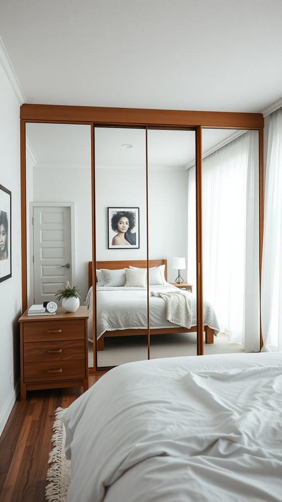 A modern bedroom featuring mirrored wardrobe doors, a cozy bed, and stylish decor.