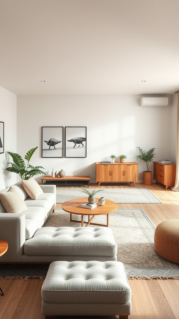 A bright open concept living room featuring a sofa, coffee table, pouf, and wooden cabinets with plants.