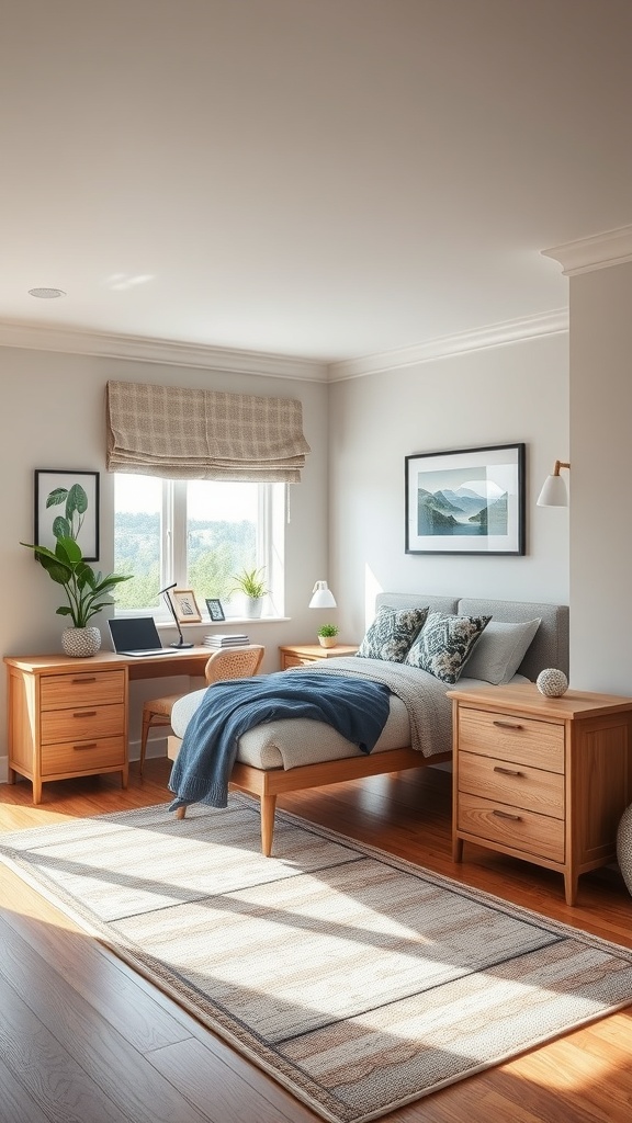 A cozy bedroom featuring a bed, two nightstands, a desk by the window, and a decorative plant.