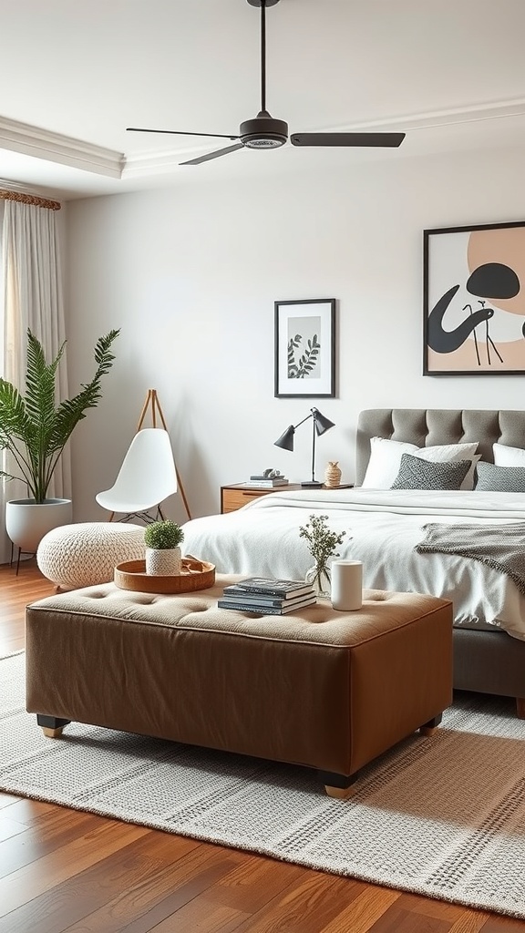 A cozy living room featuring a multi-functional ottoman, a bed, and a plant, showcasing a stylish and practical arrangement.