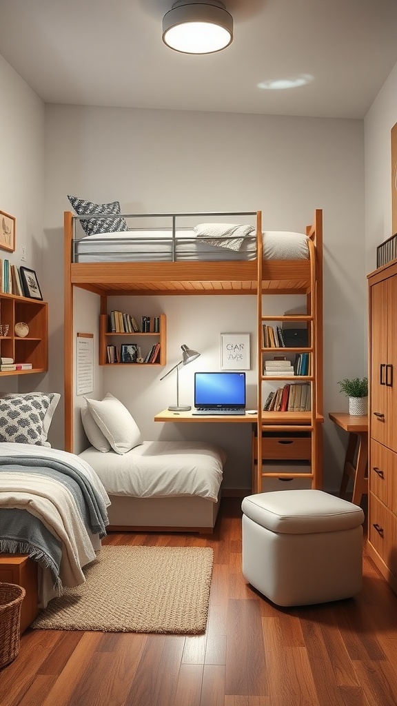 A shared bedroom with a lofted bed, workspace, and cozy decor.
