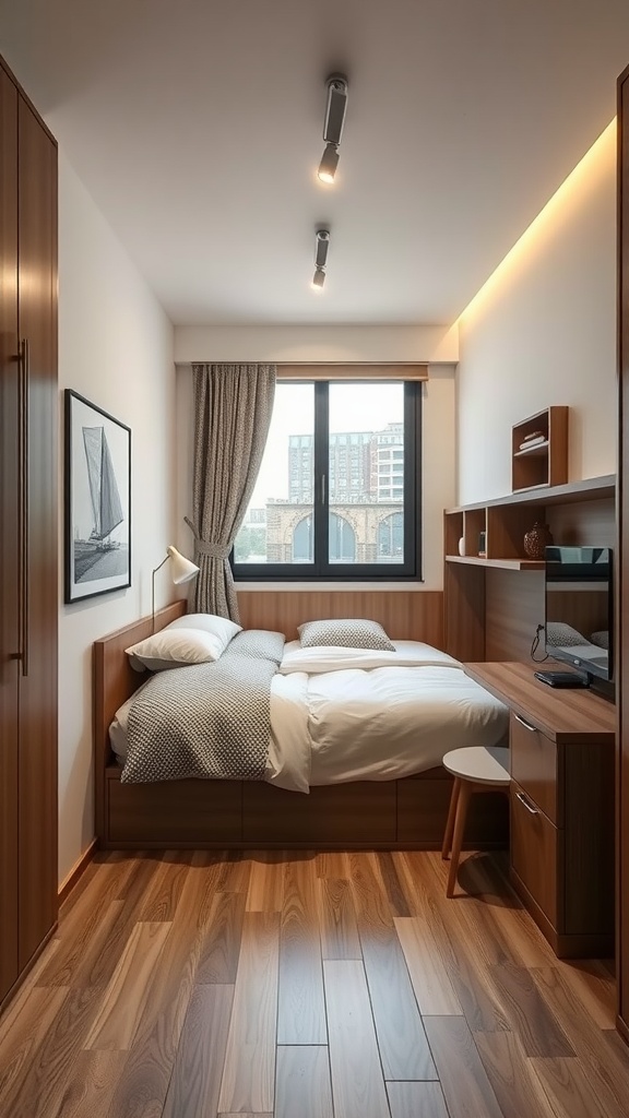 A small rectangular bedroom featuring a bed with storage drawers, a desk against the wall, and large windows allowing natural light.