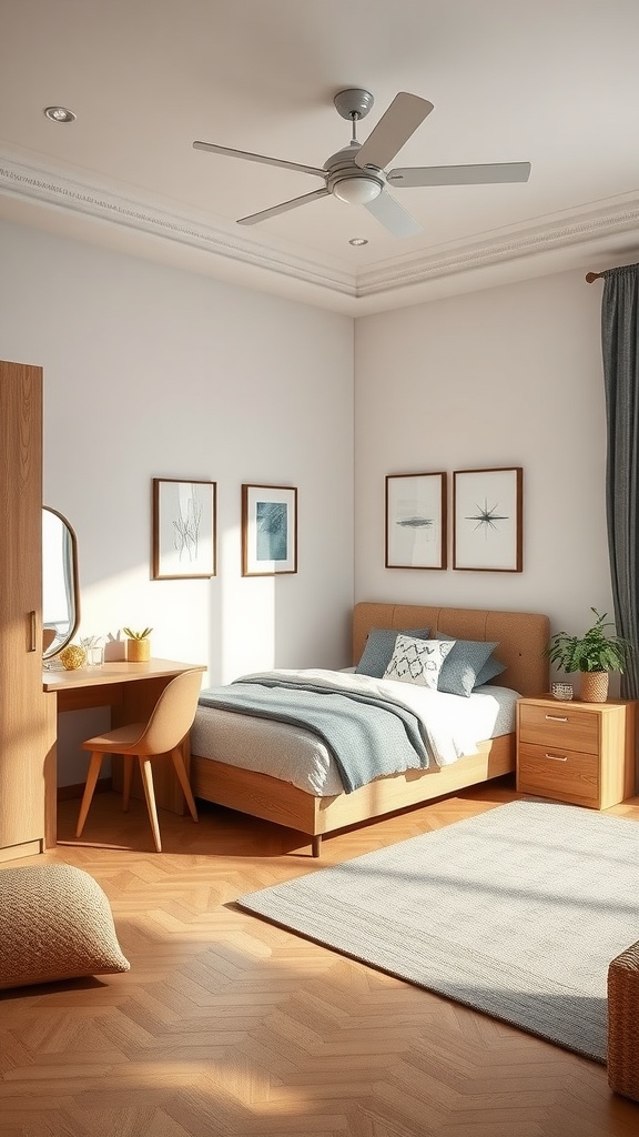 A cozy primary bedroom featuring multifunctional furniture, including a bed with storage, a desk, and a wardrobe.