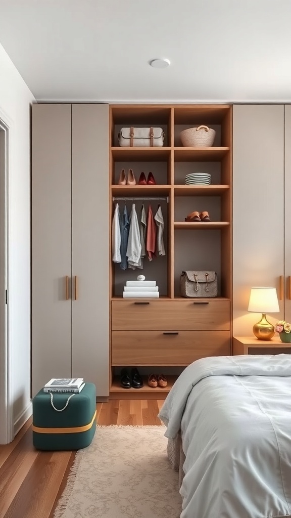 A stylish walk-in wardrobe with smart shelving, showcasing organized shoes, bags, and clothes.