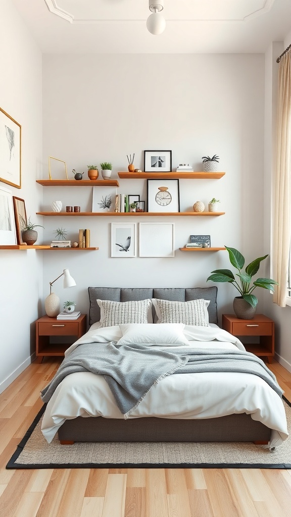 A cozy bedroom featuring a bed with a gray blanket, two nightstands, and floating shelves with plants and art on the wall.