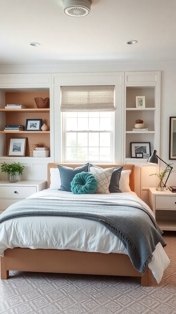 Cozy guest bedroom with built-in shelves and a neatly made bed