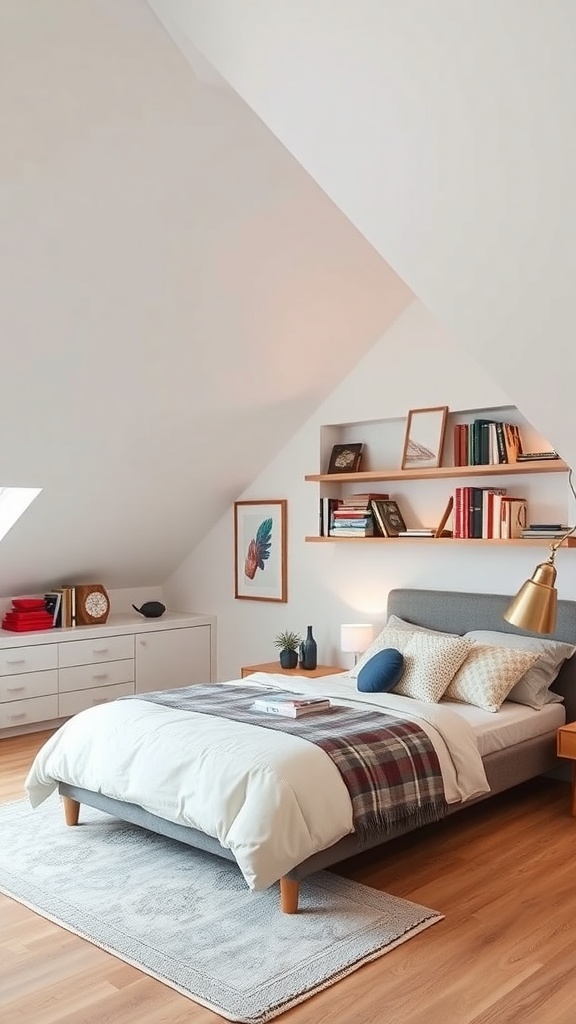 Cozy attic bedroom with built-in shelves and angled ceilings