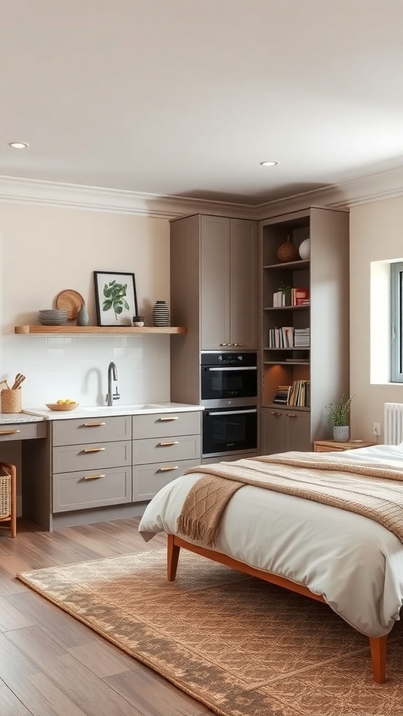Modern kitchen with custom cabinets and open shelving, showcasing a stylish and functional design.