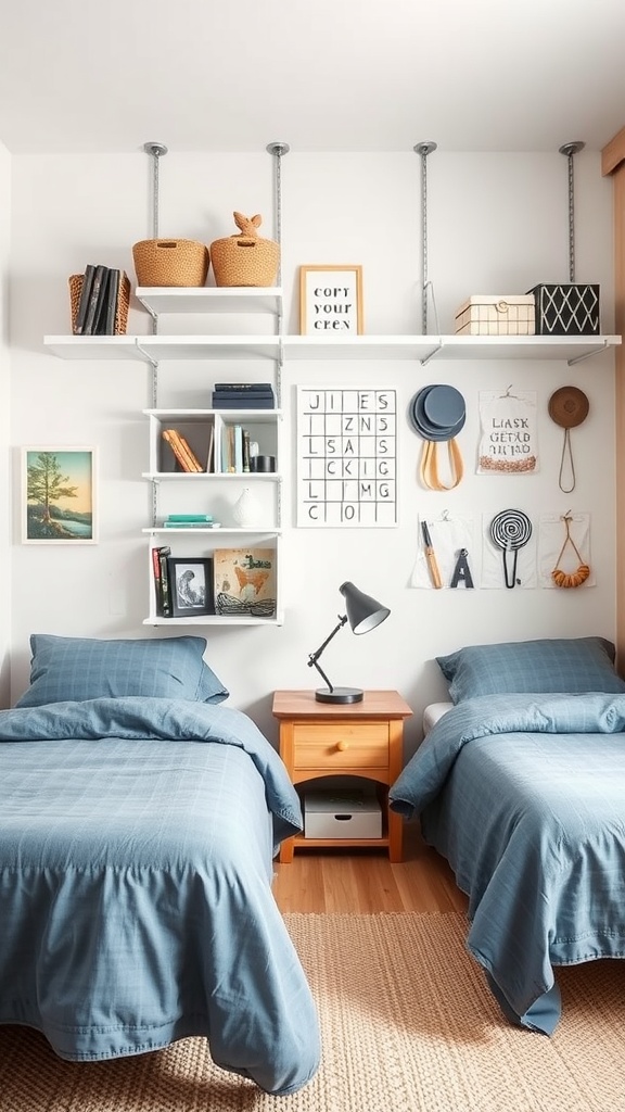 A shared bedroom featuring two twin beds with wall-mounted shelves and organized decor.