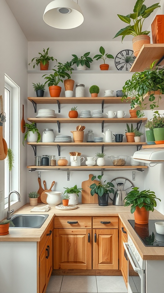 A small kitchen with wall-mounted shelves, plants, and organized kitchenware.