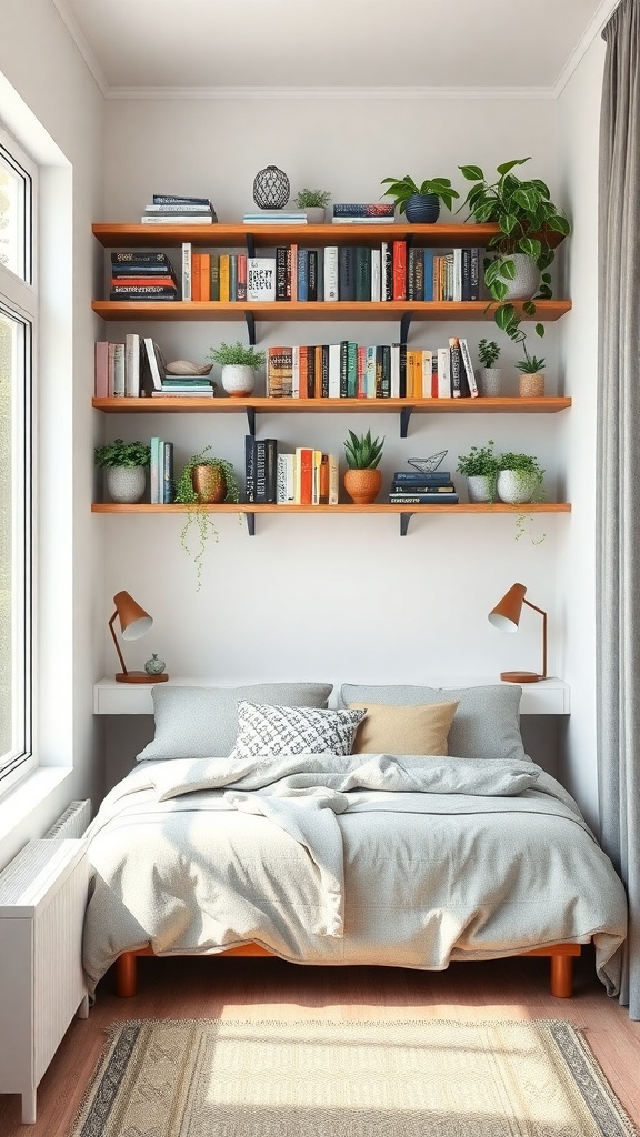 A cozy bedroom featuring wall-mounted shelves filled with books and plants, with a bed and bedside lamps.