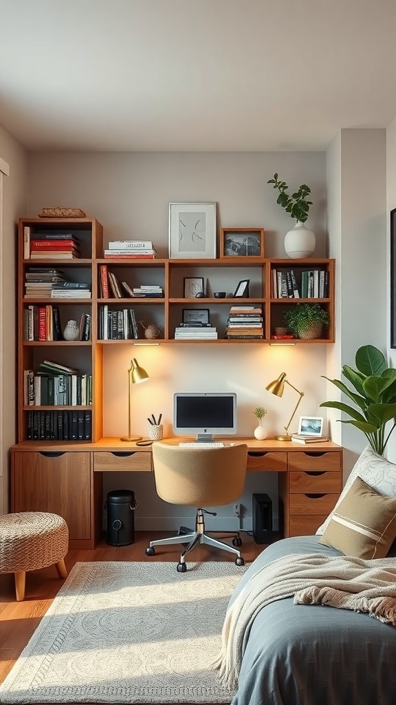 A cozy small home office with a wooden desk, shelves filled with books, and plants.