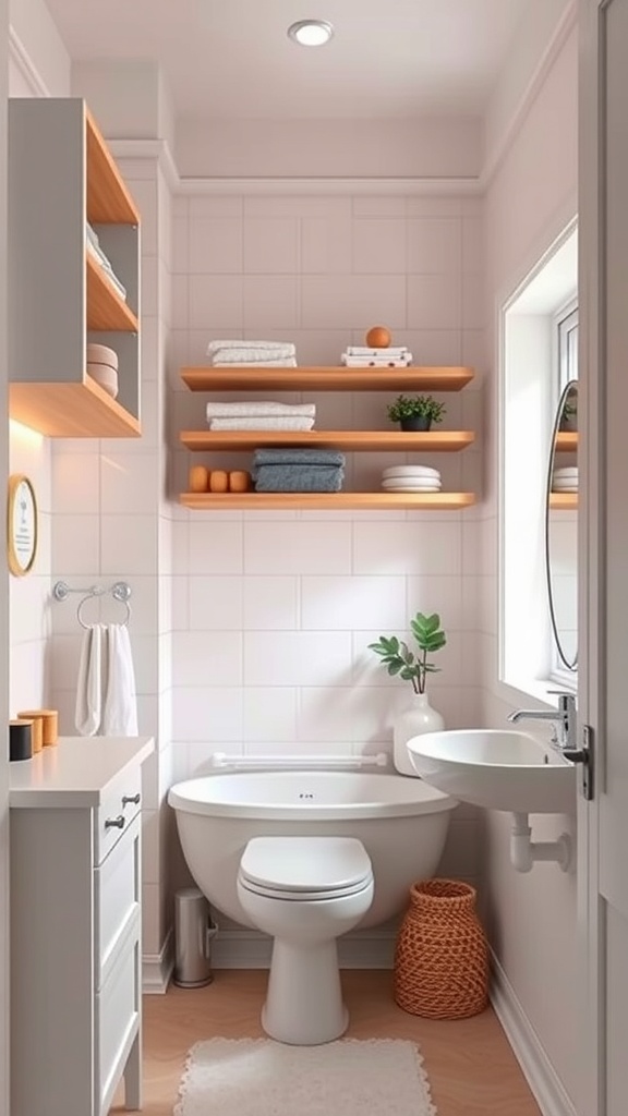 A small bathroom with wall-mounted shelves, a floating sink, and a plant.