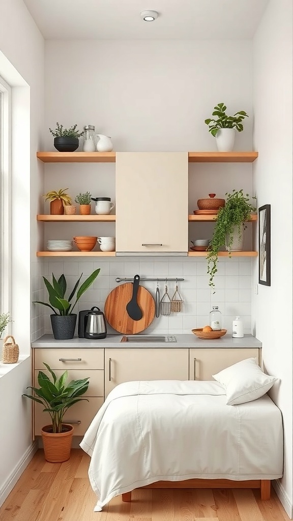 A small kitchen with open shelves, plants, and a cozy bed.
