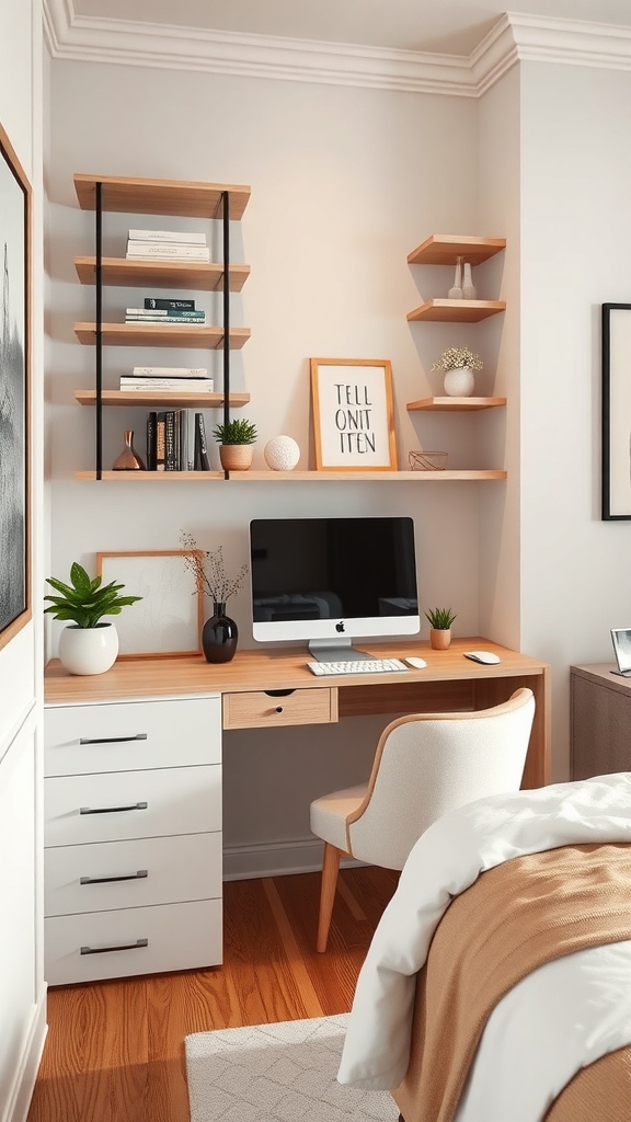A stylish bedroom featuring a desk and vanity combo with open shelves above.
