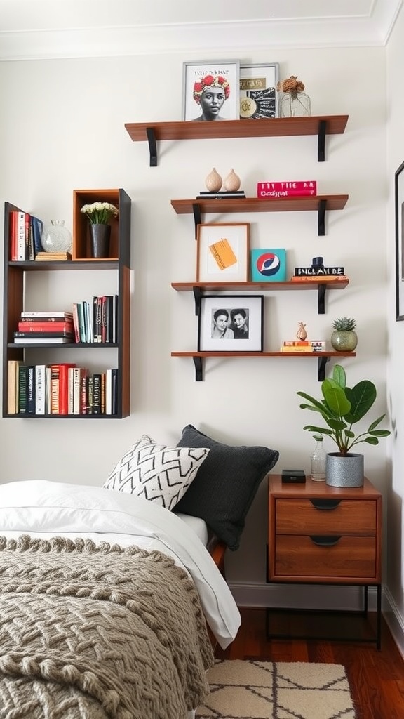 A cozy small guest bedroom with decorative shelves above the bed, showcasing books, plants, and framed art.
