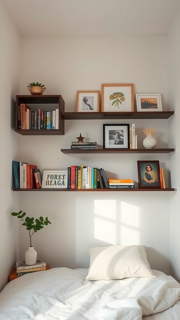 A cozy box room bedroom with shelves displaying books, artwork, and decorative items.