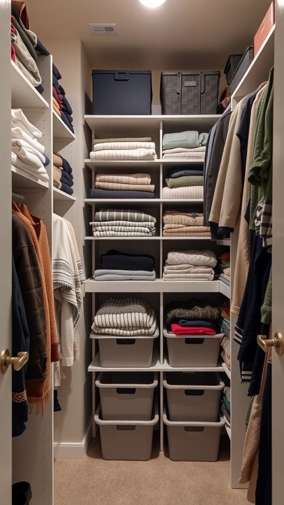 A well-organized small closet featuring vertical shelves with folded clothing and storage bins.