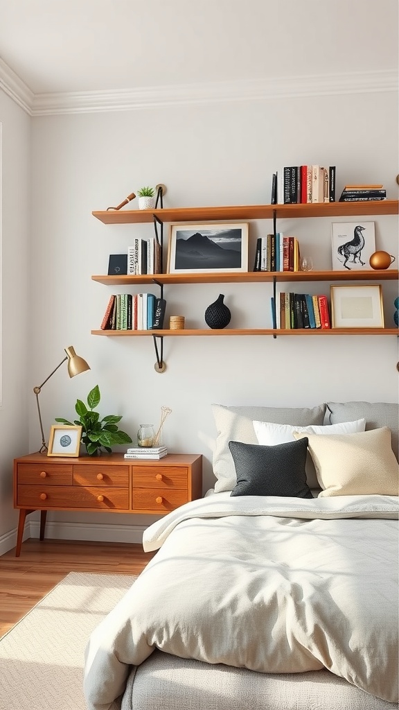 A cozy bedroom featuring floating wooden shelves above the bed, displaying books and decorative items.