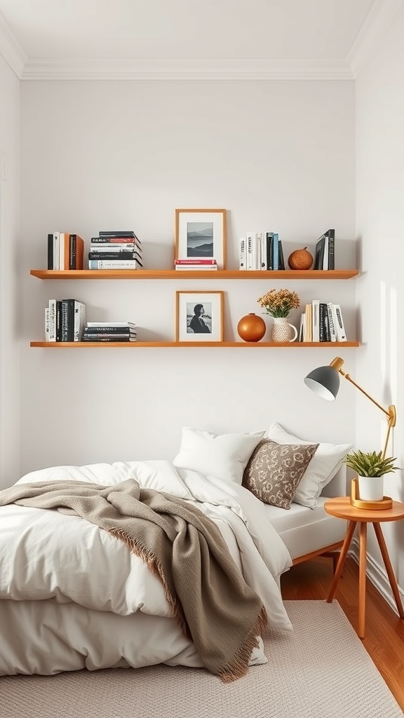 A cozy bedroom featuring two wooden shelves above a bed, displaying books, decorative items, and framed photos.