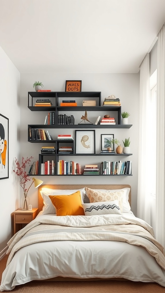 A small rectangular bedroom featuring stylish shelves above the bed, displaying books and decor.