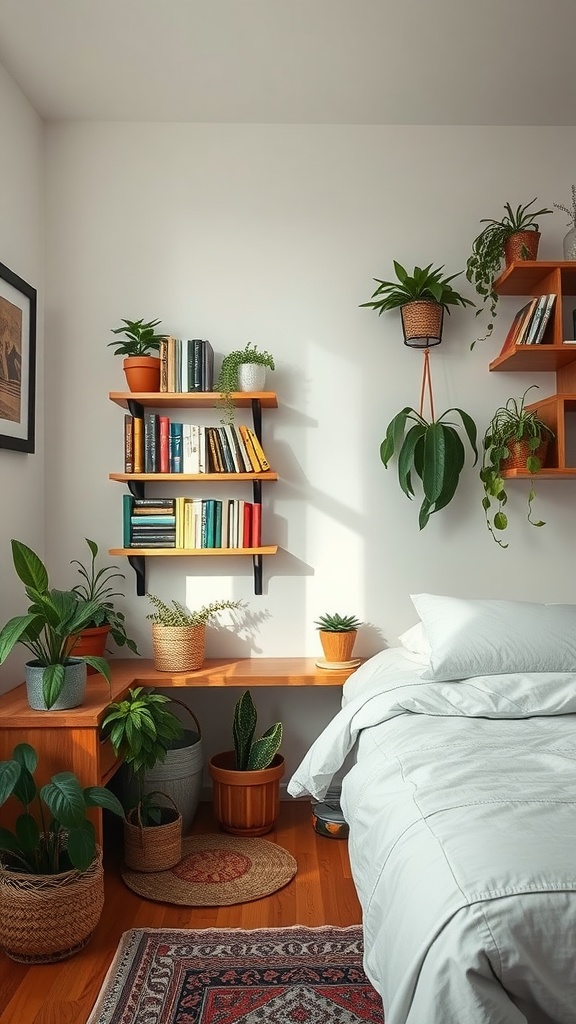 Cozy bedroom with vertical shelving, plants, and a bed