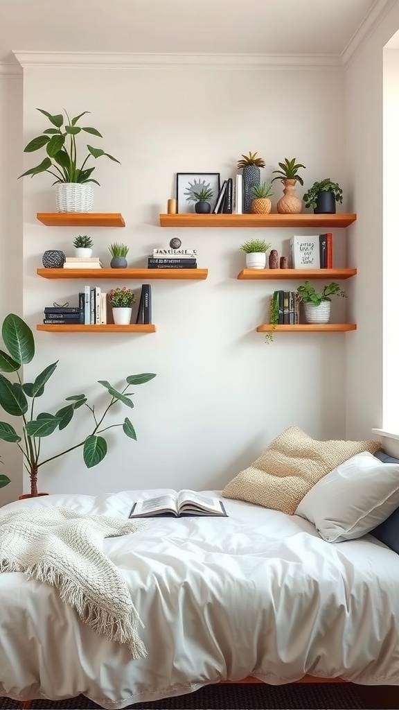A cozy corner of a small apartment featuring wooden shelves filled with plants and books, next to a bed with a soft blanket.
