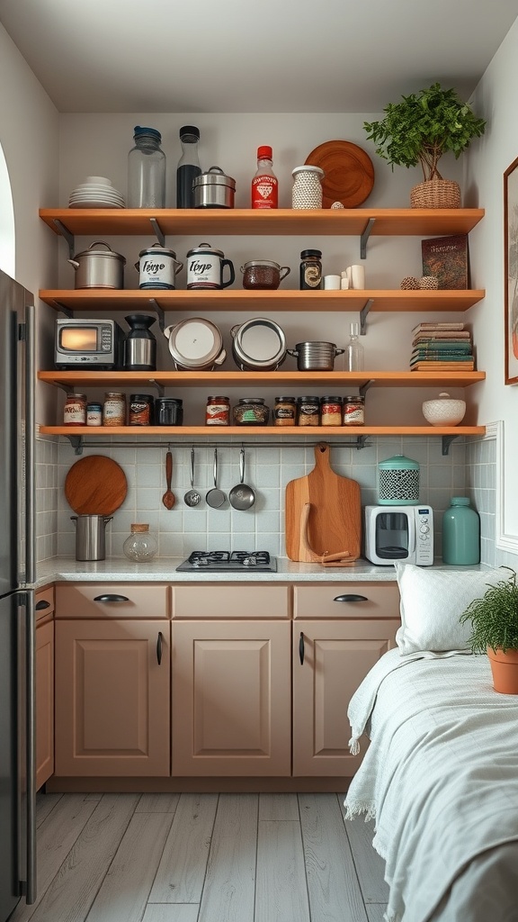 A small kitchen with open shelves displaying various kitchen items and a cozy atmosphere.
