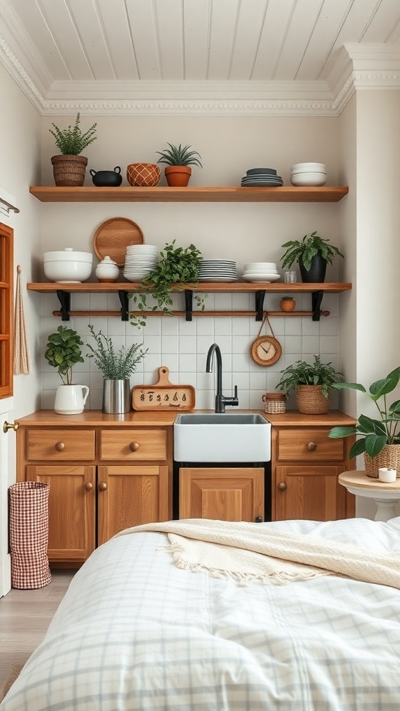 A cozy farmhouse kitchen with open wooden shelves displaying dishes and plants, featuring a sink and wooden cabinetry.