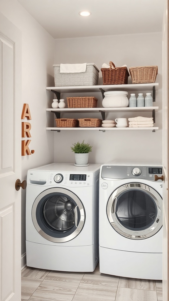 Small laundry room with white appliances and open shelving filled with baskets and decorative items.