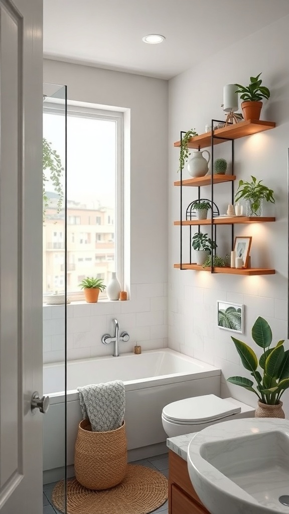 A modern small bathroom with vertical shelving displaying plants and decorative items.