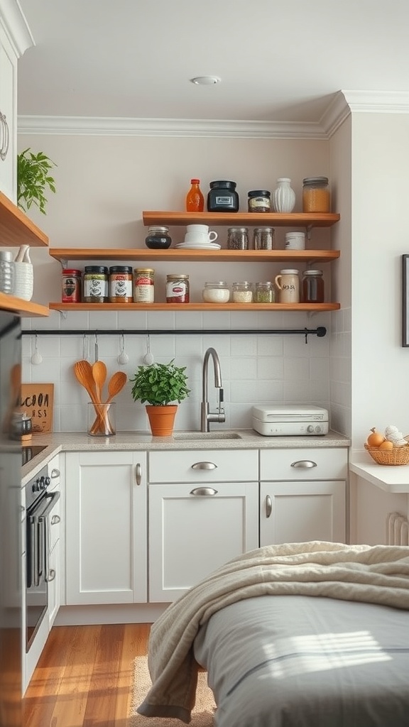 A small kitchen with open shelving displaying jars, spices, and a plant, maximizing vertical space.