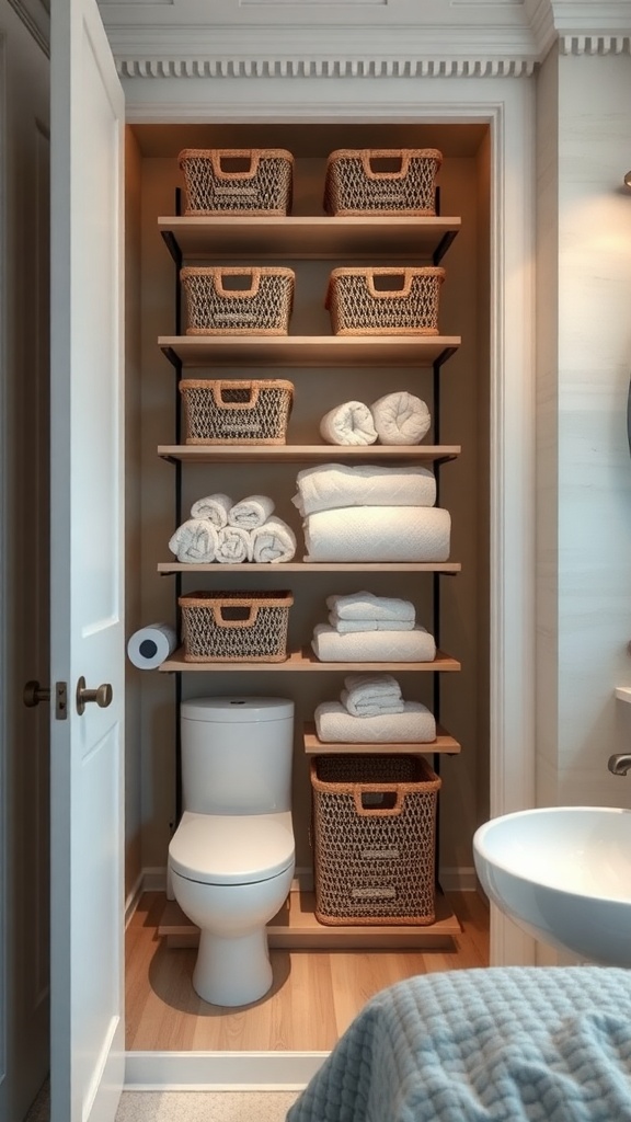 A bathroom closet featuring shelves with neatly organized baskets and rolled towels.