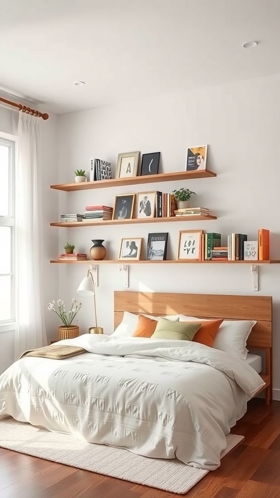 A small square bedroom with floating shelves above the bed, displaying books and decorative items.