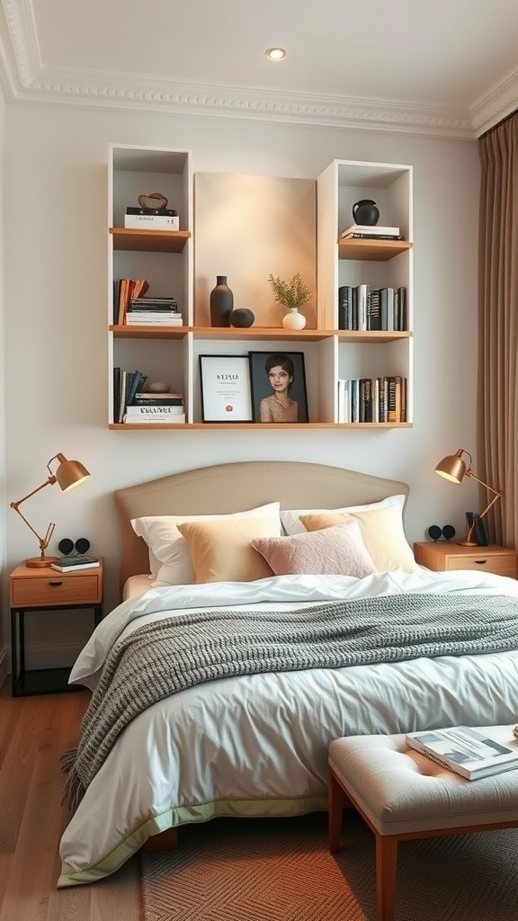 A small bedroom featuring a king bed with a stylish shelving unit above it, displaying books and decorative items.