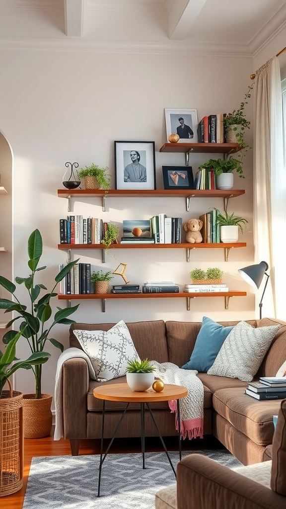 A cozy family room featuring stylish shelving with books, plants, and framed photos above a comfortable sofa.