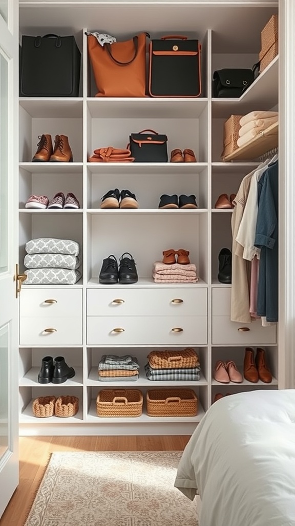 A well-organized small closet with shelves displaying shoes, bags, and folded clothes, featuring baskets and drawers for storage.