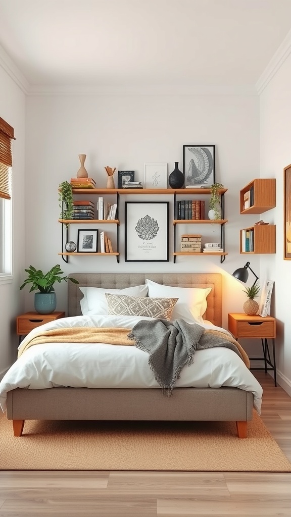 A small bedroom featuring stylish shelving above the bed, filled with books, plants, and decorative items.