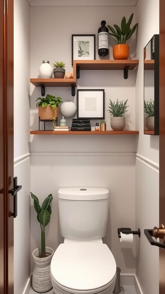 Small bathroom with shelves above the toilet displaying plants and decor.