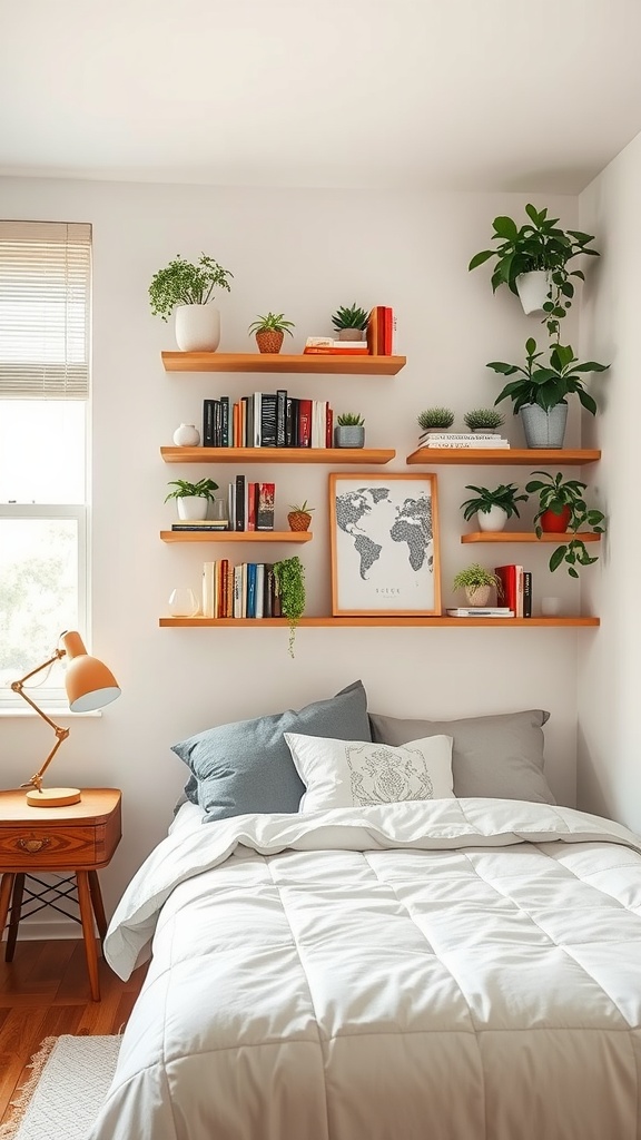 A cozy bedroom featuring floating shelves filled with books and plants, maximizing vertical space.
