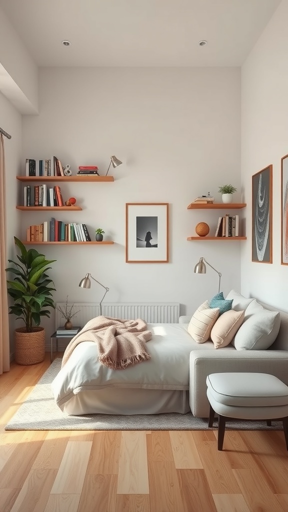 A small living room with a cozy bed, wooden shelves filled with books and decor, and a plant in a pot.