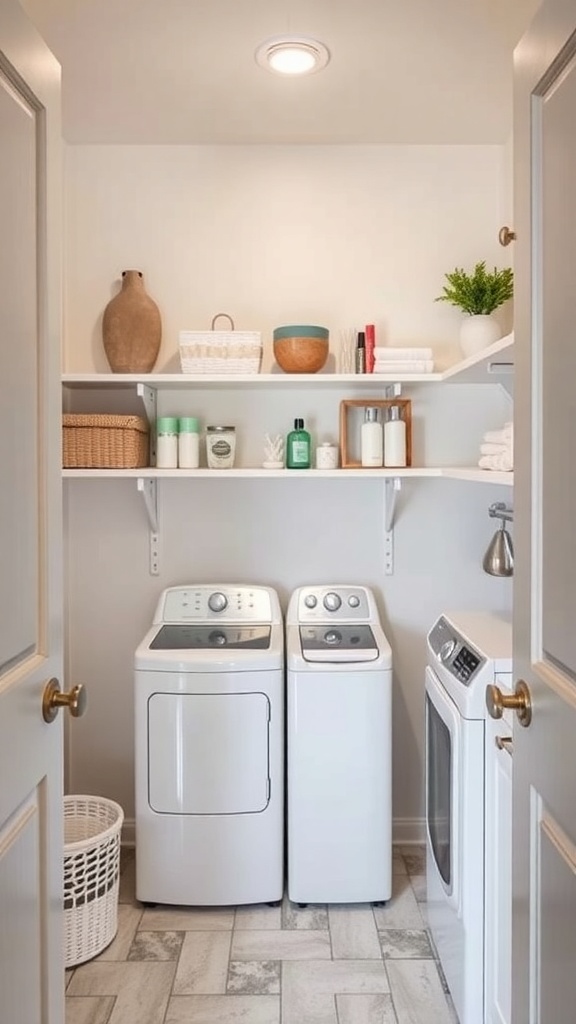 A small laundry room featuring white shelves above a washer and dryer, with decorative items and storage baskets.