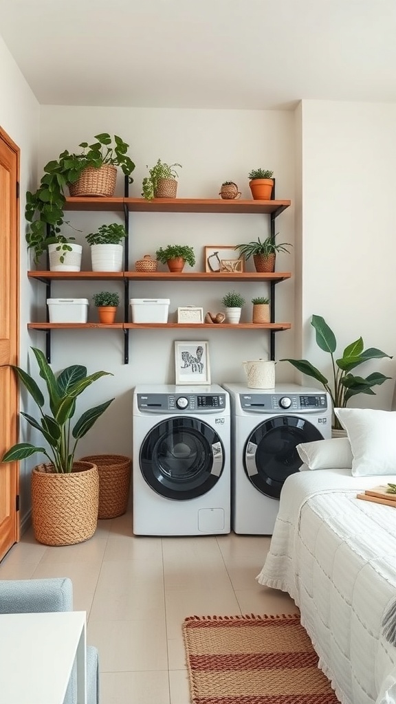 A small utility room featuring two washing machines and a wooden shelving unit filled with plants and decorative items.