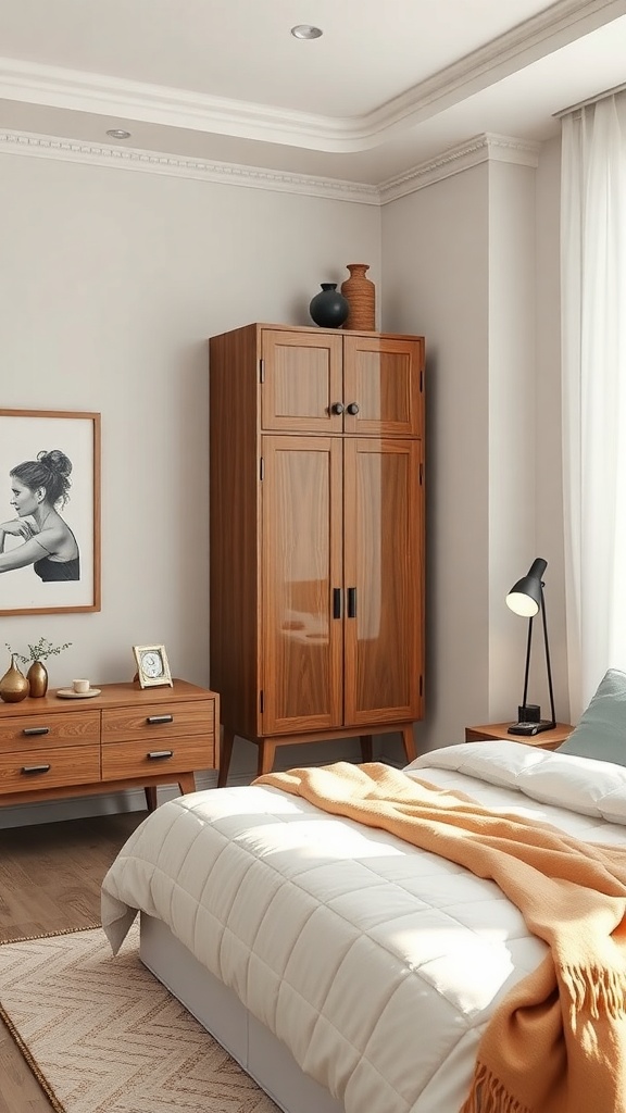 A cozy bedroom featuring a tall wooden cabinet, a bedside lamp, and a neatly made bed with an orange throw blanket.