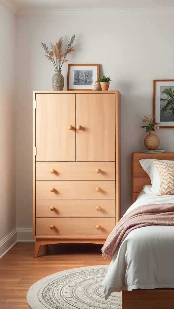 A tall wooden dresser in a small bedroom, topped with a vase, framed pictures, and a plant, showcasing effective use of vertical space.