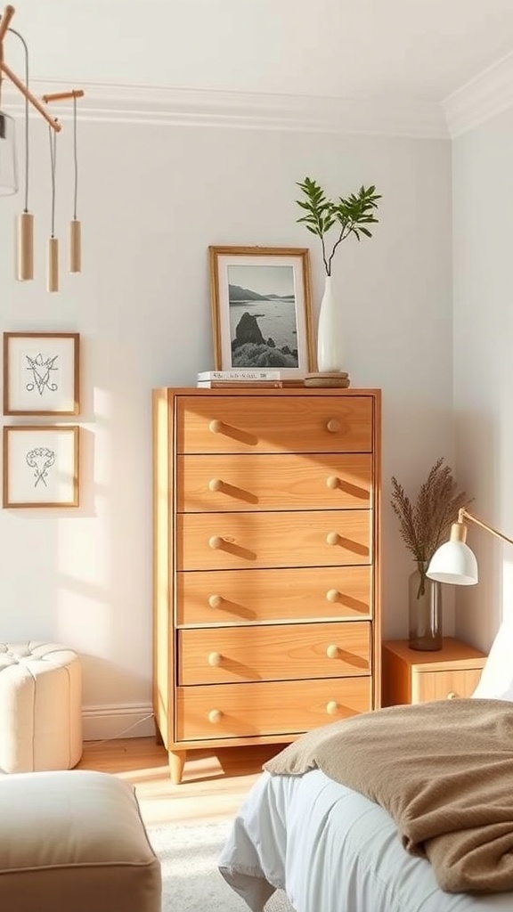 A tall wooden dresser in a small bedroom with decor items on top