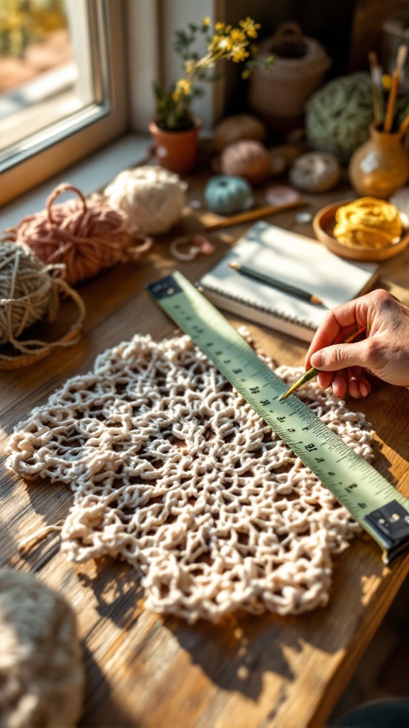 A hand measuring a crochet piece with a ruler on a wooden table, surrounded by yarn and other crafting supplies.