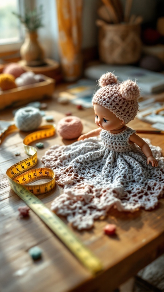 A doll in a crochet dress surrounded by yarn and measuring tapes on a wooden table.