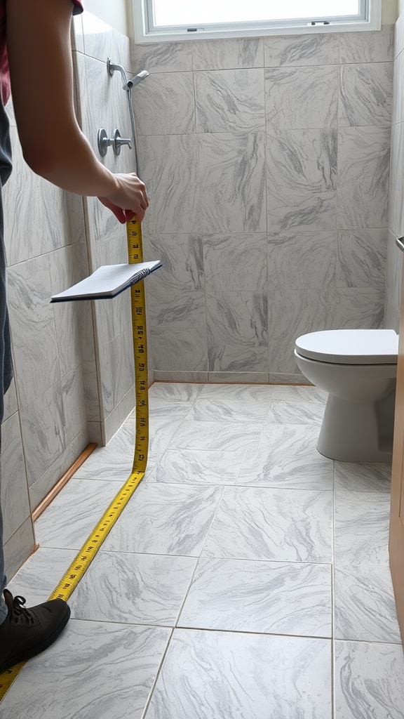 A person measuring the bathroom floor with a tape measure, preparing for peel and stick tile installation.